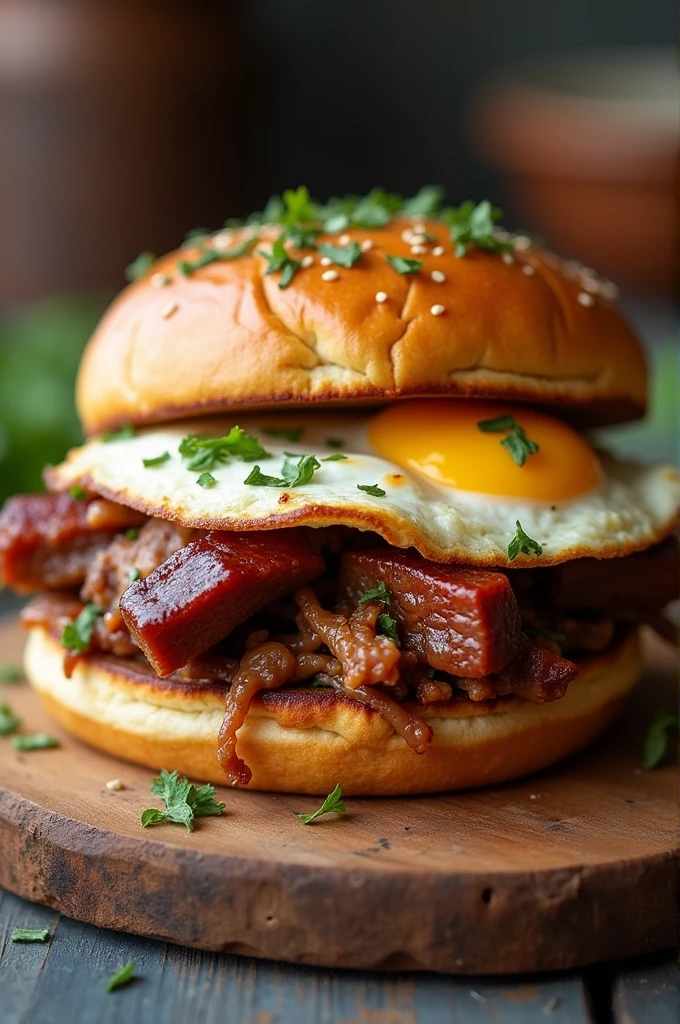 Create a pulled rib sandwich , Potato bread, oregano on top of the bread , eggs 