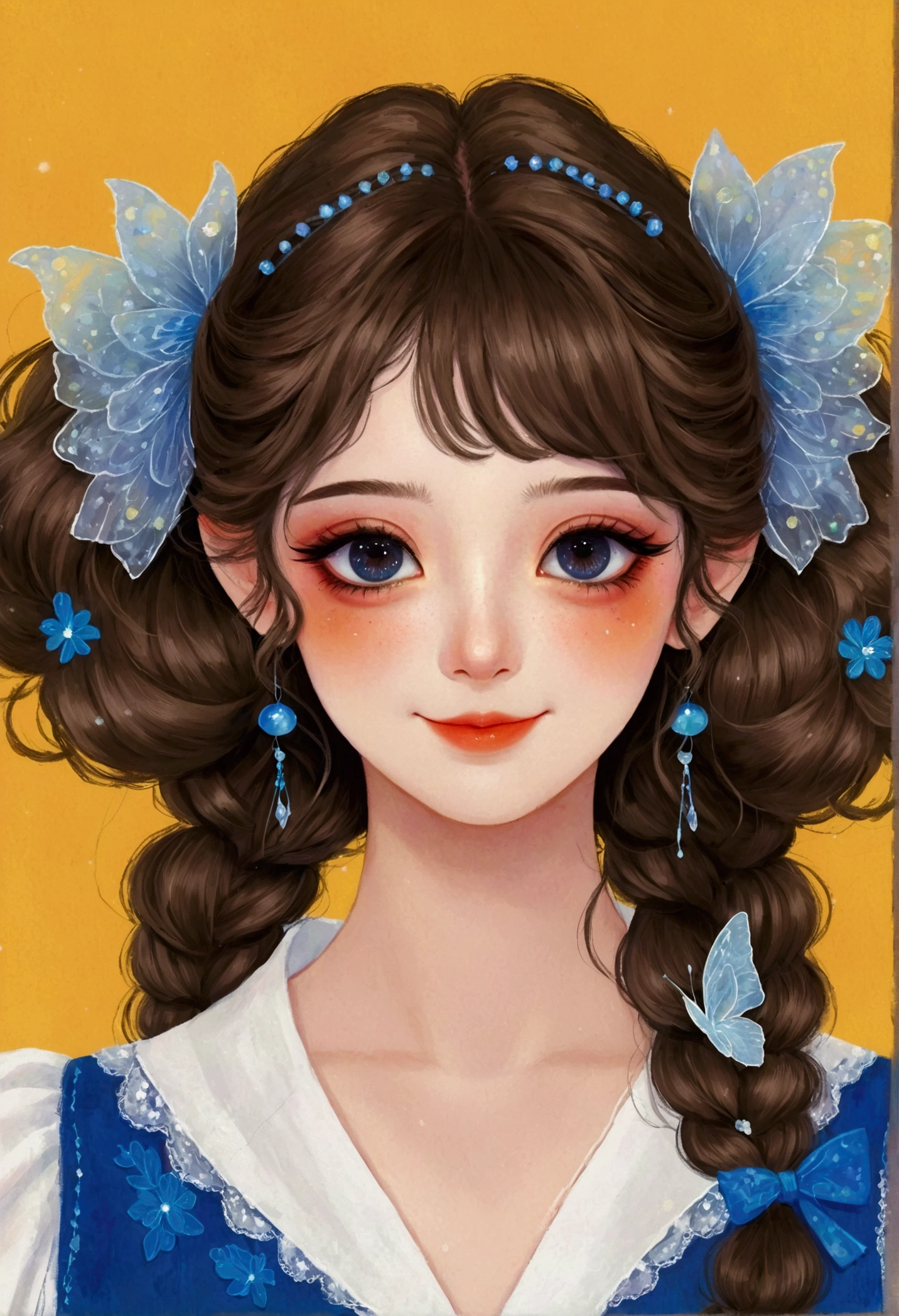 Detailed digital anime art,Cute digital illustration,Anime style girl portrait,Smile,solitary,symmetry,Gradient hair,Colorful big eyes,Fashionable and exquisite facial features,Exquisite makeup,Double tail,Clean and simple background
