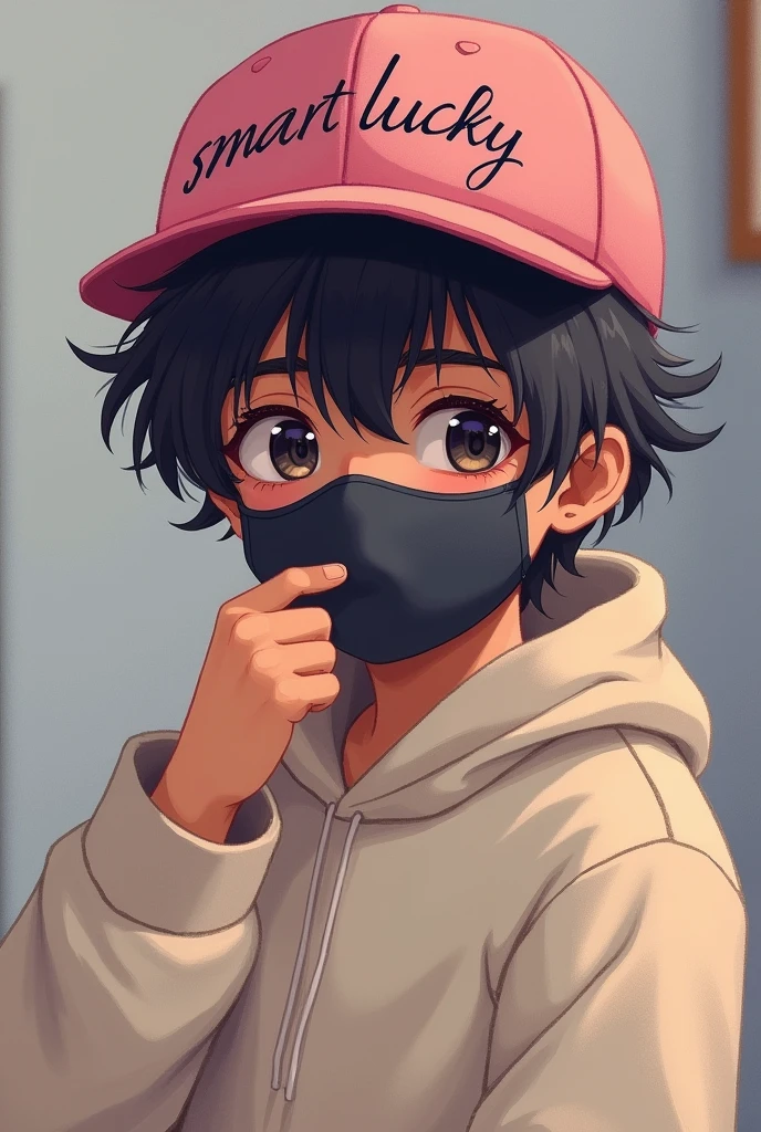 A digital illustration of a you person wearing a pink cap with the text ,SMART LUCKY, curved on it. They have tousled dark hair partially covering their forhead  and are wearing a black face mask. The individual is touching the mask is with their hand,looking slightly downcast. They are dressed in a light-colored hoddie,and the background features soft,bluerd colorred,suggesting a casual setting