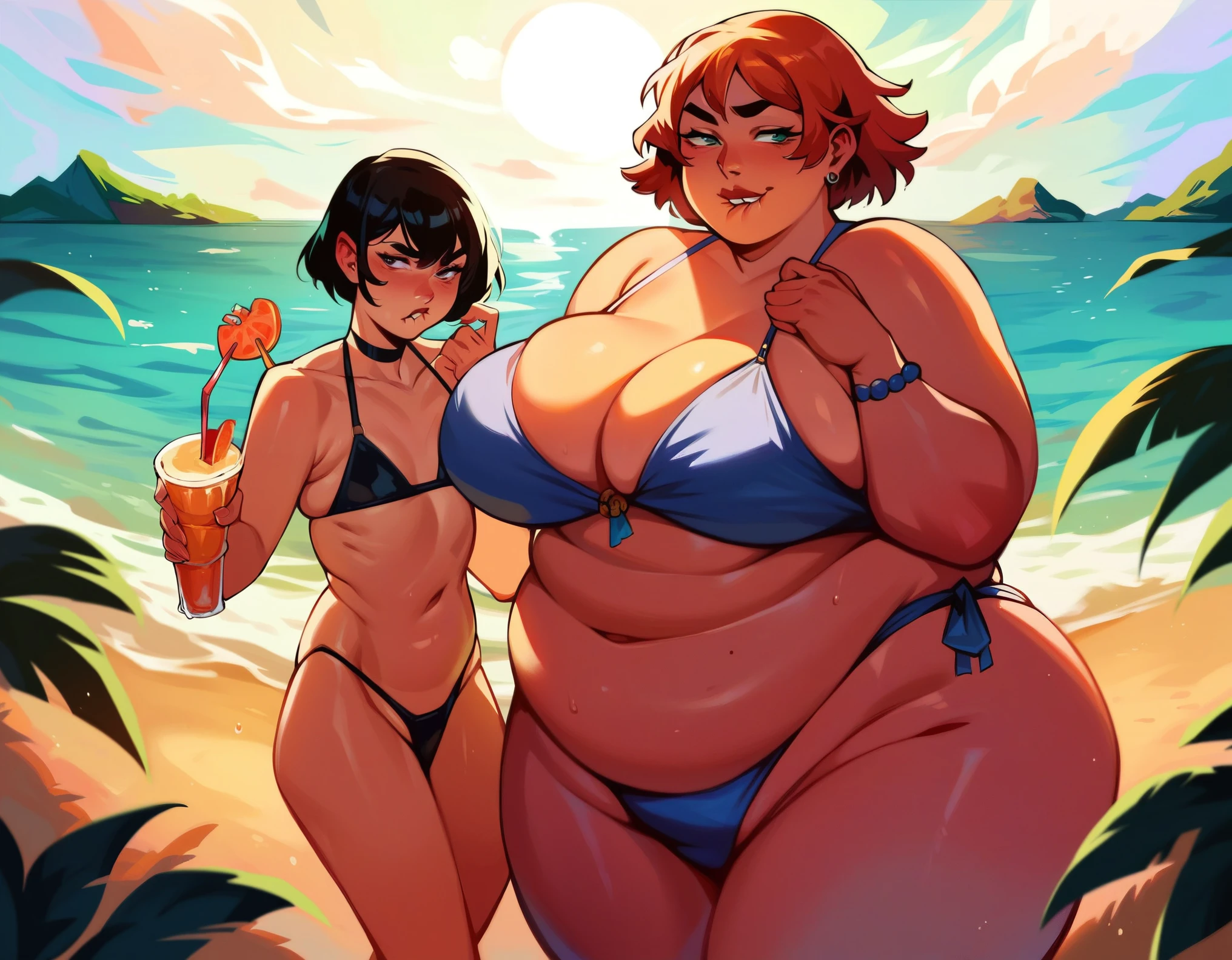 , multiple girls, 5 girls, ((all different body sizes and shapes)), ((fat, chubby and skinny girls)), ((huge breasts and small breasts)) revealing clothes, specular and volumetric lighting, , lined up on the beach, (seductive)(smile and biting lip) (hugging and touching each other) ((detailed face and emotions))