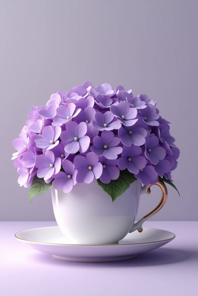 Many purple hydrangeas in a teacup with flowers