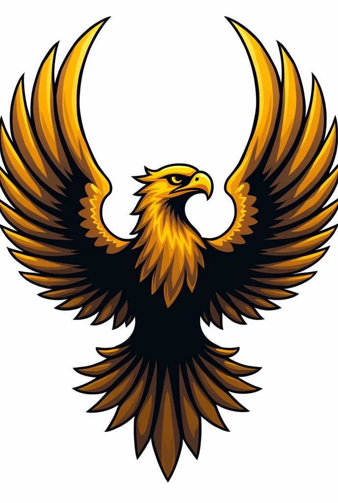 The logo of a golden bird with its wings spread out and its entire body facing the center front and not too many wings., without background, vector art with thick black line art on every part of the body , terinspirasi oleh Victor Noble Rainbird, artstation, clash of clans style, trending on dribbble mascot.featuring, crow, fierce expression 4k, in the quetzecoatl art style, a face in need of a fist, uncompressed png, totem, united, symbol of wisdom, show full body