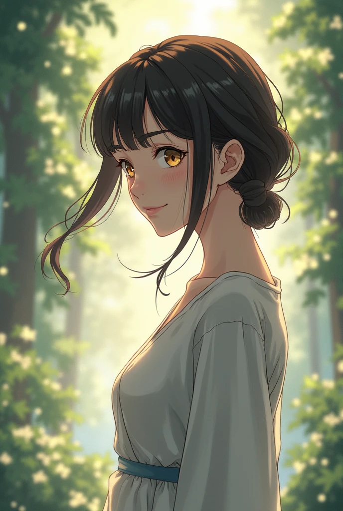 (anime version) Miyamoto is a 2 woman, with a natural beauty and a serene personality that perfectly complements Yoriichi's calmness. She has dark brown hair that she wears loose or in a simple updo., and her honey-colored eyes shine with warmth. Her style is simple but elegant., preferring comfortable clothes that highlight her innate grace.