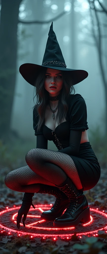 a stylish emo pale witch gothic woman infront of satan wickes smile evil smirk crouched in dark foggy enchanted forest around glowing hex circle magic on ground, witch hat, black velvets, lace, fishnets and leather tinged with scarlet or purple, accessorized with tightly laced corsets, gloves, platform boots and silver jewellery depicting occult themes elegantly quaint in black sludge morbid, fashion and style of dress, typical gothic fashion includes black dyed hair and black clothes wear dark eyeliner, dark nail polish and lipstick, and dramatic makeup (best quality,4k,8k,highres,masterpiece:1.2),ultra-detailed,(realistic,photorealistic,photo-realistic:1.37),HDR,UHD,studio lighting,ultra-fine painting,sharp focus,physically-based rendering,extreme detail description,professional,bokeh,portrait,high fashion,elegant,glamorous,cinematic,dramatic lighting,moody,mysterious,sensual,sophisticated