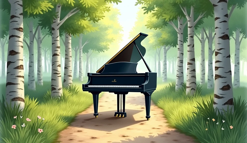 A black grand piano placed on a forest path lined with tall birch trees. The scene is depicted in a realistic watercolor style, creating a sense of freshness. The birch trees, with their white bark and green leaves, are neatly lined up along the pathway, forming a tranquil and elegant natural corridor. The sunlight filtering through the trees casts gentle shadows on the pathway and the piano. Quiet and harmonious, the piano blends beautifully into its lush surroundings.” In the unpopular forest, a small flower is blooming
Translated with DeepL.com (free version)