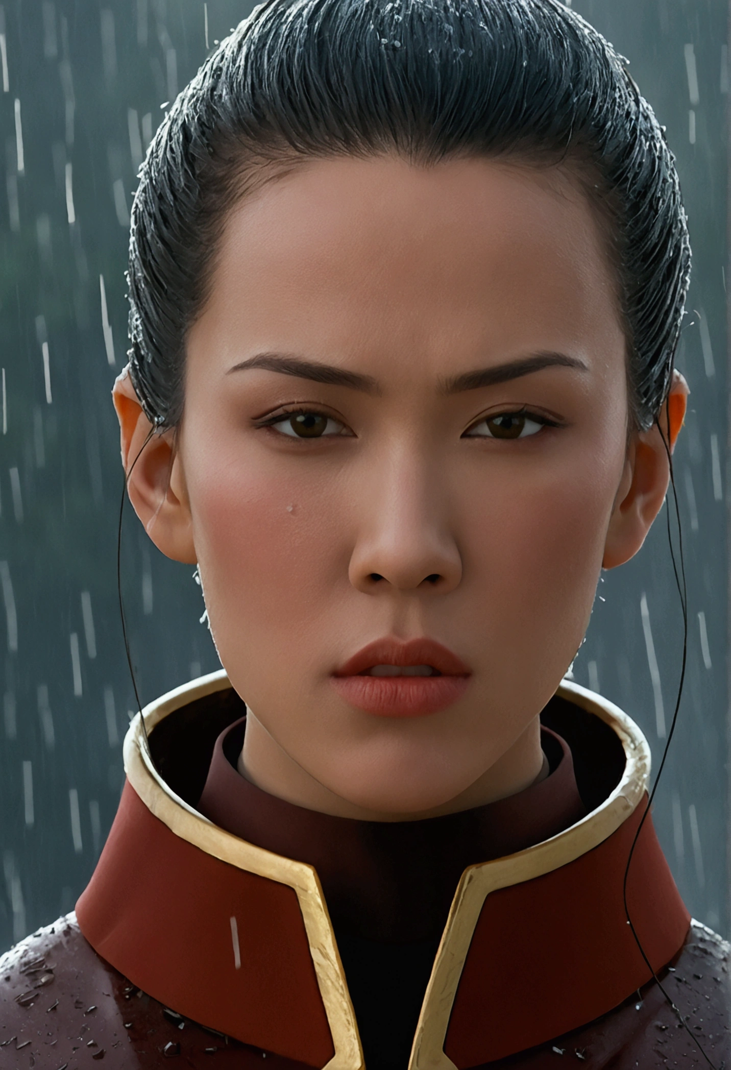 Very Close-up shot of half face of Princess Azula from the Fire Nation, wearing her battle armor. She is standing under the rain, with a focused and intense expression. The rain is dripping down her armor and face, highlighting her sharp features and the fiery aura she exudes even in the midst of the storm. The background is blurred, emphasizing her powerful presence and the detailed design of her armor.