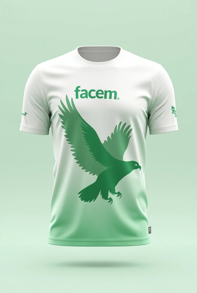I want you to create a “collarless t-shirt” in “white and green” and that has a “transparent eagle” and the “facem” logo and that has “designs”
