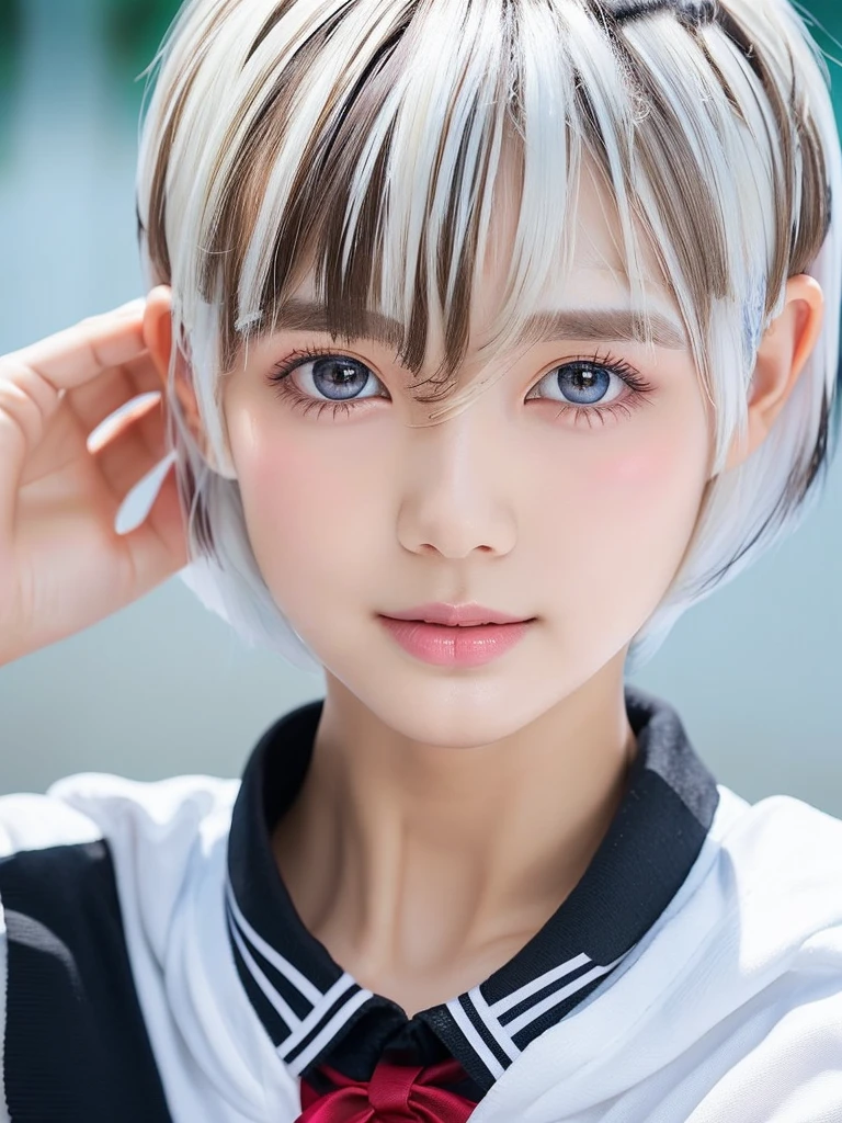 A portrait of a young lovely girl in school uniform, with a bright expression, glowing white skin, glossy face, shimmering cheek gloss,best looks, bright silver hair with shimmering highlights, very beautiful glossy hair, (ultra short hair:2.0),shimmering clear alluring bright large pale blue eyes, very large eyes, downturned eyes, left and right eyes are equal,eyeliner, thin eyebrows,perfect bust,masterpiece,photorealistic, 8k,16k,high quality, masterpiece, realistic portrait
