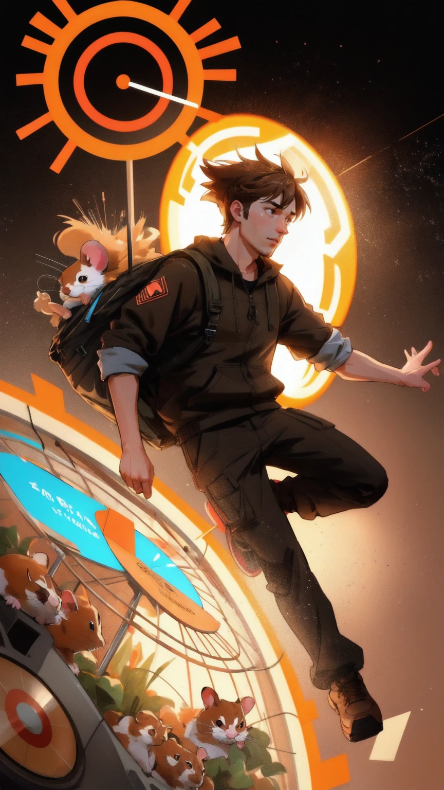 A cartoonish man with a wild expression, frantically running on a hamster wheel filled with screens flashing 'Airdrop Alert' notifications, symbolizing 'Airdrop Addiction.' The background is brown, highlighting the overwhelming and repetitive nature of this addiction.