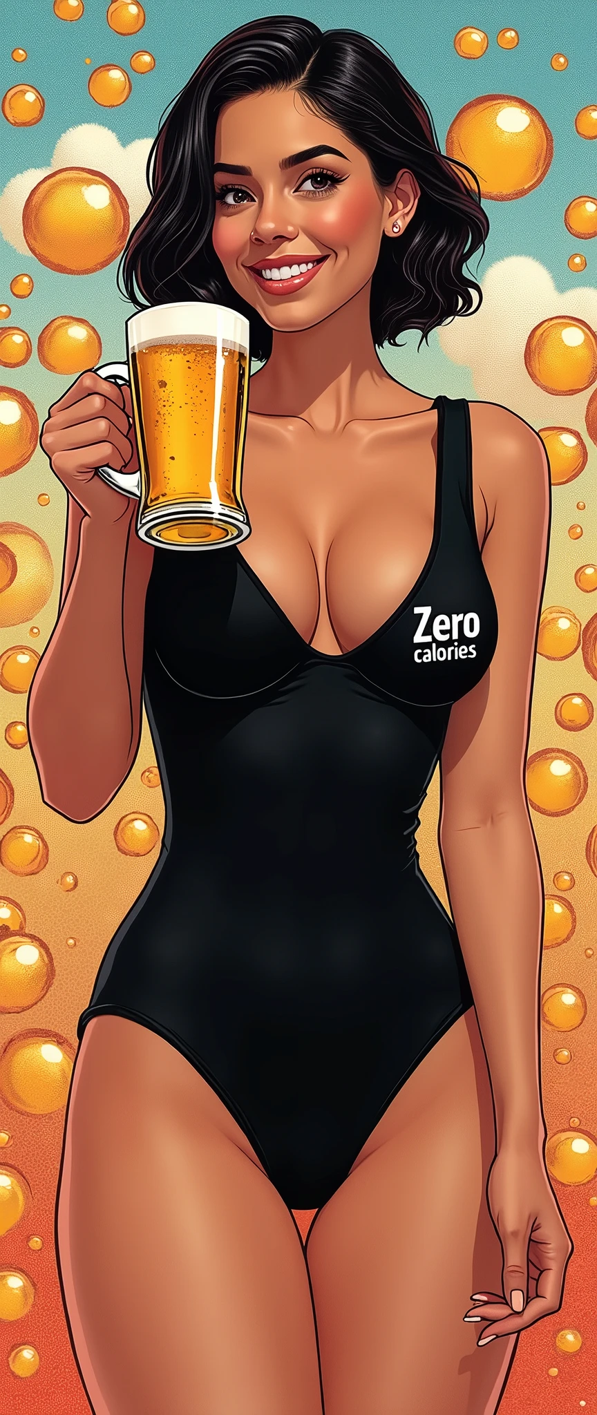 (masterpiece),(Highest quality),(Very detailed),(Ultra-high resolution),(Best illustrations),(Beer advertising poster:2.0),8k,wallpaper,(One Woman),(smile:2.0),(Short Hair:2.0),(A black, super high-cut leotard that fits perfectly:2.0),(For the leotard"Zero calories"with the logo on it:2.0),(cleavage:2.0),(Detailed costume drawings),(Beautiful Face,Beautiful Eyes,Beautiful Hair),(Detailed face drawing:2.6),(Beautiful female hands:2.0),(Glowing Skin:1.3),(gigantic breasts:2.0),(Thick thighs:2.0),(Super sexy:2.0),(psychedelic,Neon Art,pop,progressive),(Detailed hands:2.0),(Condescending look:2.0,The woman is looking down:2.0),((From below:2.0)),(Background is colorful beer bubbles:2.0),(A woman is holding a beer mug in one hand:2.0)