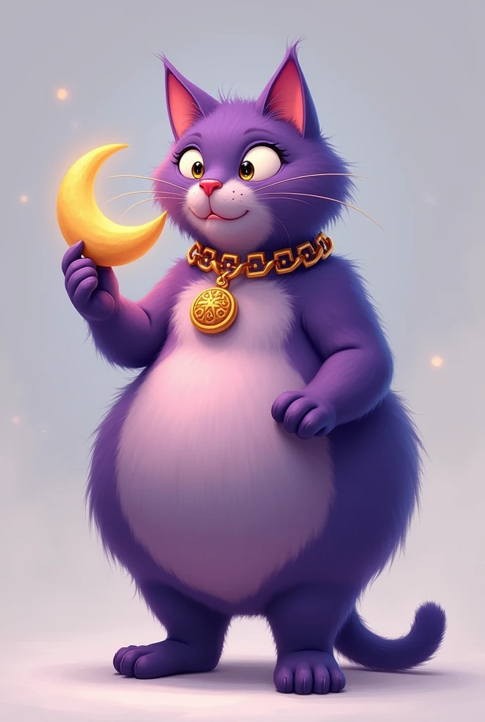 a fat purple standing cat with a crescent moon collar