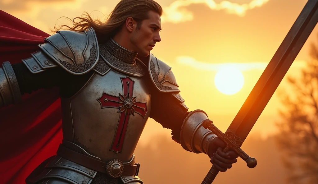 (The protagonist, clad in shining armor with a cross emblem, is about to bring his sword down vertically with great force:1.5). The scene is filled with tension and power, as the protagonist's muscles strain and his face is set in fierce determination. The setting sun casts dramatic lighting, highlighting the steel of the sword and the intensity of the moment. The background is blurred, keeping