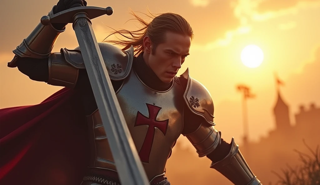 (The protagonist, clad in shining armor with a cross emblem, is about to bring his sword down vertically with great force:1.5). The scene is filled with tension and power, as the protagonist's muscles strain and his face is set in fierce determination. The setting sun casts dramatic lighting, highlighting the steel of the sword and the intensity of the moment. The background is blurred, keeping