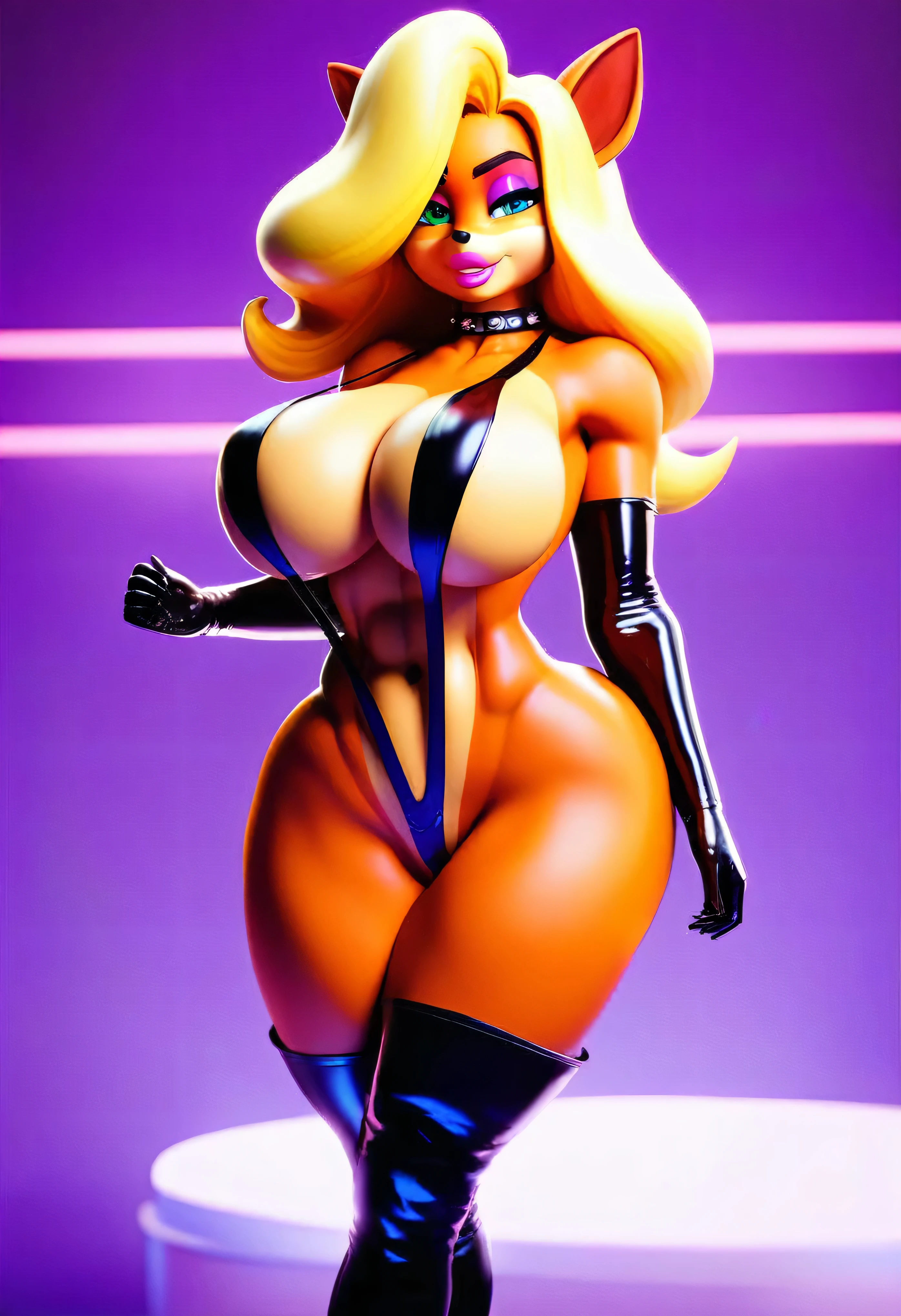 score_9, score_8_up, score_7_up, score_6_up, score_5_up, score_4_up, source_furry, e621, (by Liveforthefunk, Tawna Bandicoot, bimbo), looking at viewer, seductive smile, beautiful detailed eyes, posing in a bedroom, (wearing a collar, latex sling microbikini, long latex gloves, high heeled thigh high boots), detailed fur, voluptuous, hourglass figure, large breasts, cinematic lighting, professional lighting