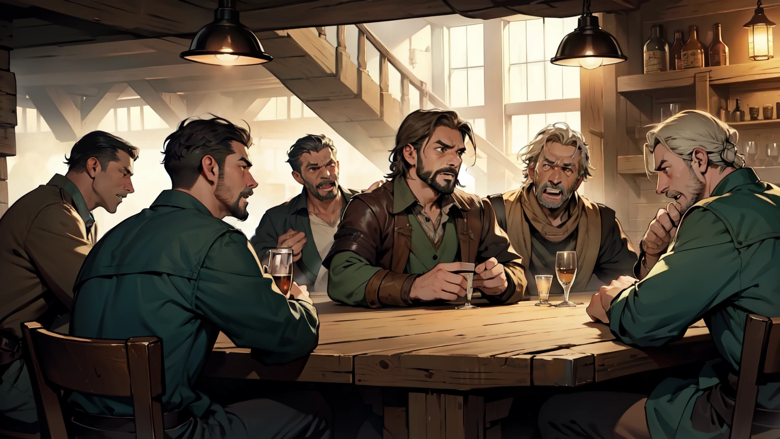 There is a group of men and women talking inside a tavern, ((((focus on expressions of astonishment)))), (((it&#39;s night))), ((People drinking)), (tavern keeper listens to the stories),