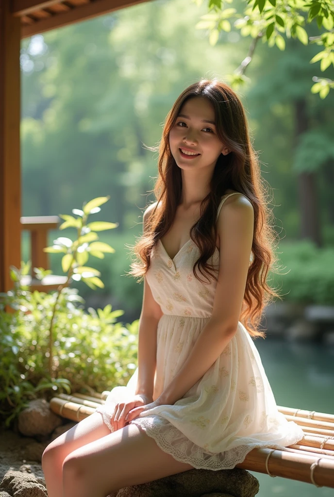 A person Japanese girl 25 yo, smile,brown long hair ,,white mini dress with pattern of girl ,with uperr sitting on bamboo ,,garden ,hd