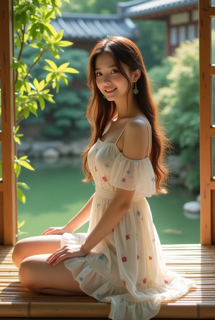 A person  Japanese girl 25 yo, smile,brown long hair ,,white mini dress with pattern of girl ,with uperr sitting on bamboo ,,garden ,hd