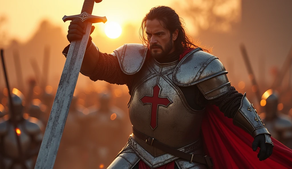 (The protagonist, clad in shining armor with a cross emblem, is about to bring his sword down vertically with great force:1.5). The scene is filled with tension and power, as the protagonist's muscles strain and his face is set in fierce determination. The setting sun casts dramatic lighting, highlighting the steel of the sword and the intensity of the moment. The background is blurred, keeping