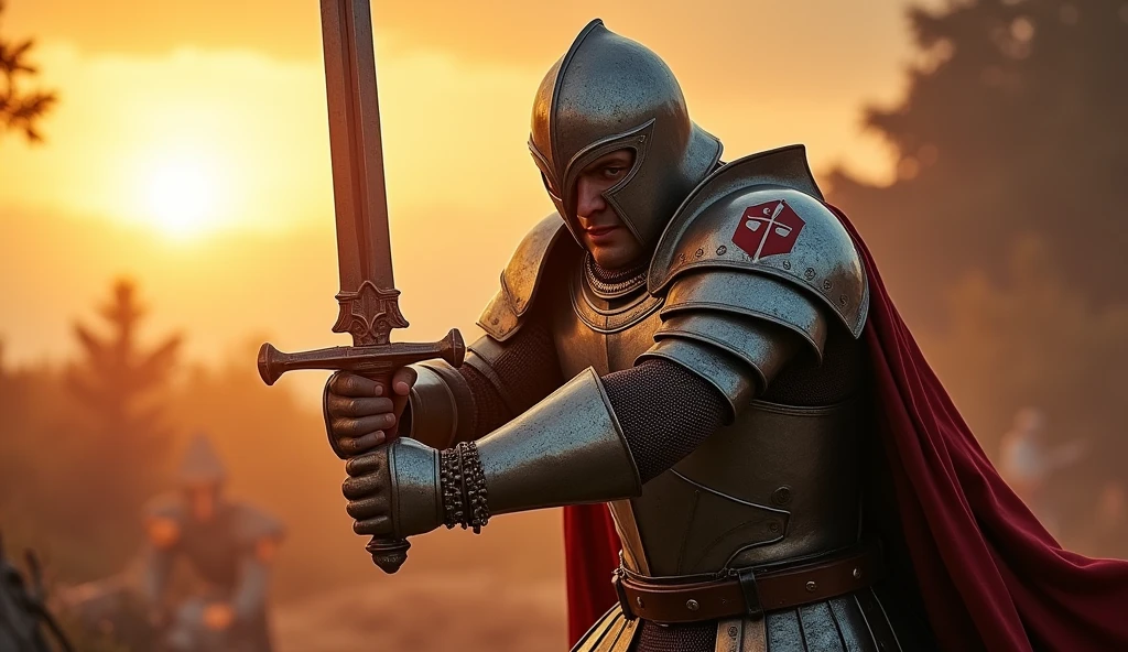 (The protagonist, clad in shining armor with a cross emblem, is about to bring his sword down vertically with great force:1.5). The scene is filled with tension and power, as the protagonist's muscles strain and his face is set in fierce determination. The setting sun casts dramatic lighting, highlighting the steel of the sword and the intensity of the moment. The background is blurred, keeping