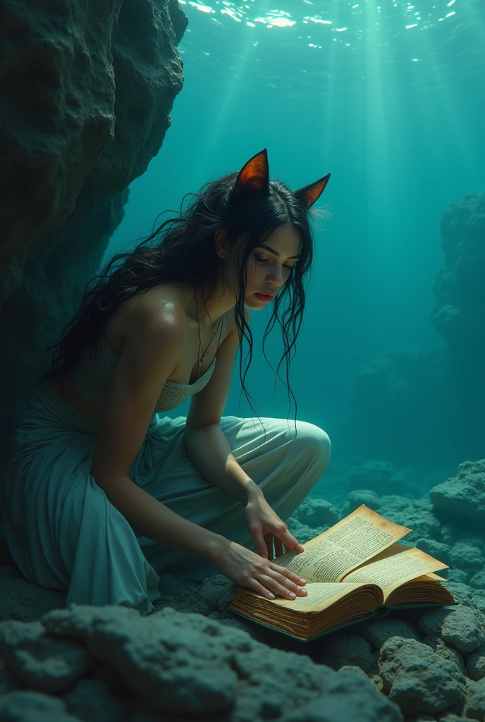 Prompt 
Ek din,women cat bold body  jalpari 
jiske long hair h 
 samundar ke ek kone mein ek payhar k piche chhupi ek purani kitab ko hatho se utha k  samundr ki gehrayio dhoondhti hai.