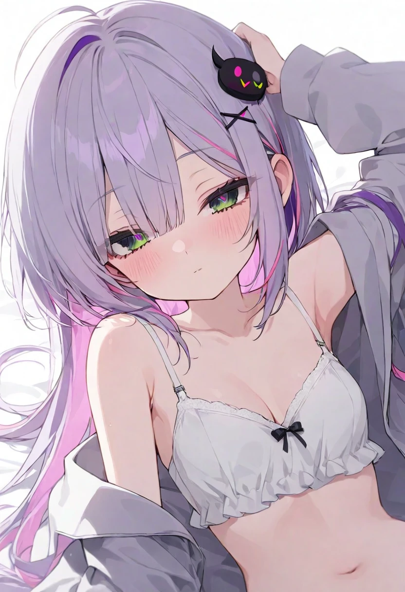 (muste piece), (best quality), (score_9, score_8_up, score_7_up), very detailed eyes, expressive eyes, perfect face, very detailed face, highly detailed face, beautiful girl, 8K, beautiful girl, (white background:1.3), delicate and beautiful face and eyes, dark intense shadow, 1 girl, solo, vtuber style, cool girl, hololive, vtuber, 2 girl, vtuber style, cool girl, hololive, vtuber, 1girl, (Tokoyami Towa, purple hair, green eyes, long hair), (amane kanata, multicolored hair, grey hair, short hair, purple eyes), messy hair, see-through:dress pajamas, bra, underpants, cameltoe, small breast, soft breast, cleavage, clavicle, half-closed eyes, sleeping, breathing, (full body), sleeping face, lying on bed, arm on forehead,