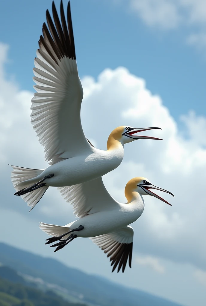 2 flying gannets with their mouths open