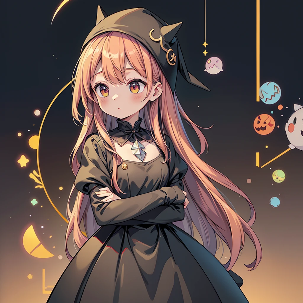1girl,(((Perfect Anatomy、Perfect human body、Highest quality、Masterpiece、Super detailed、X Composition、S composition、Square Composition、Triangular composition、Award-winning works)))、cute、Palette of pastel colors、Trick or Treat、Pumpkin carriage、Big Wizard Hat、Black Cape、Black dress、Absurd、The fantastic world of Halloween、neon lines、Background is gold accessories、Charm、