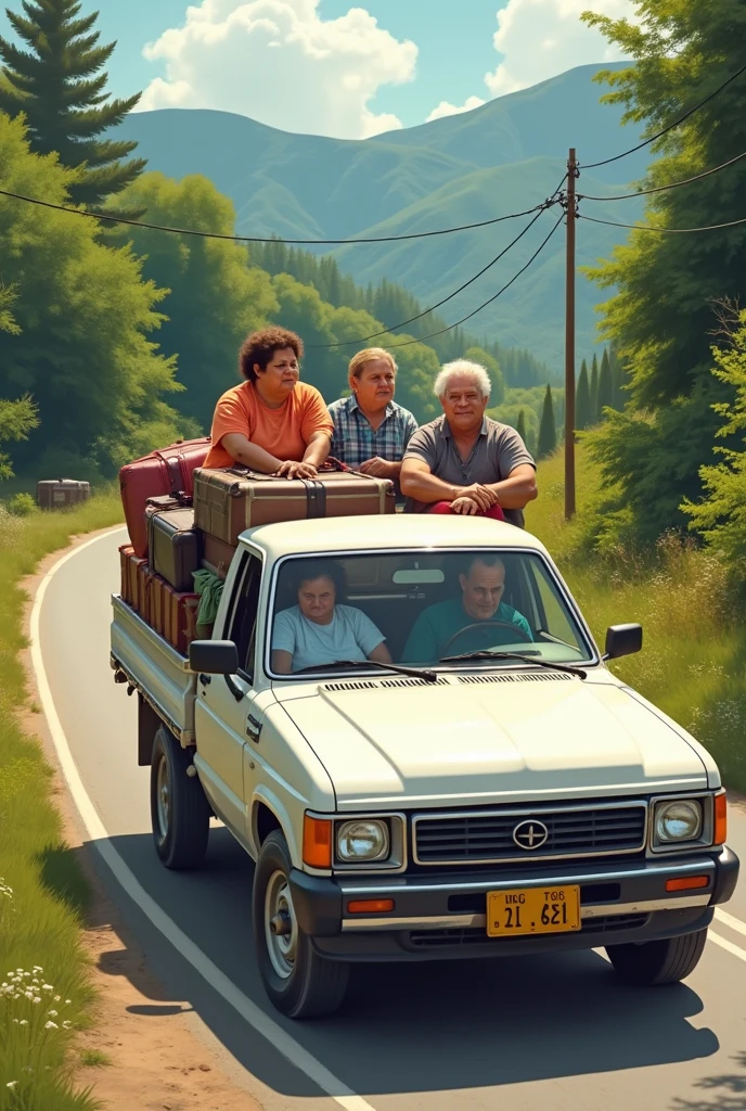 Uma pick-up branca, with a man driving, an old lady in the passenger seat, two fat women behind and loaded with suitcases in the back