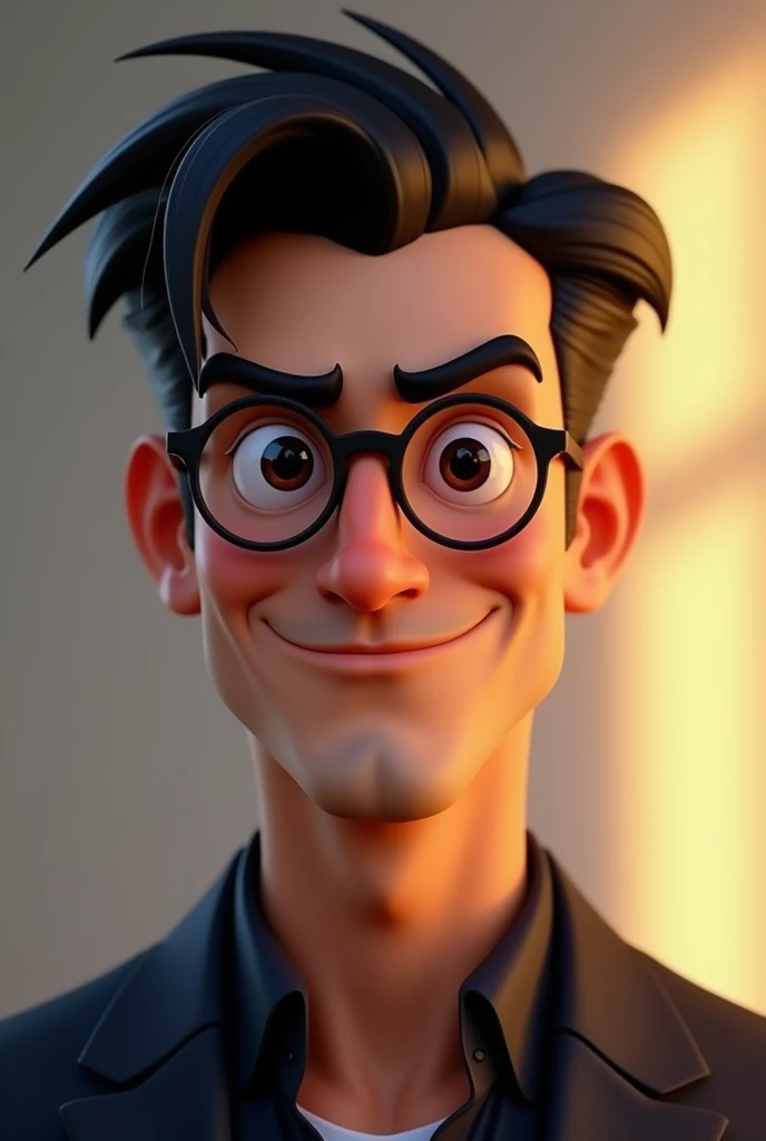 I want a man with thick eyebrows and full mouth with round glasses in animation style and Black Brown eyes and a short hair and a mistery smile
