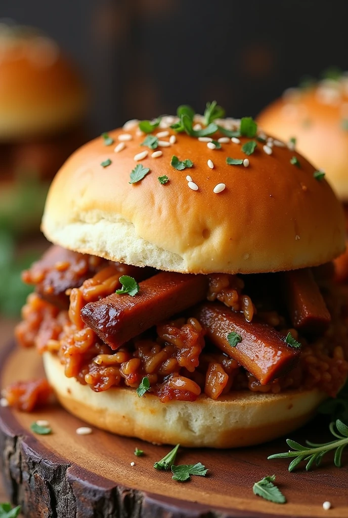 Create a pulled rib sandwich , Potato bread, oregano on top of the bread