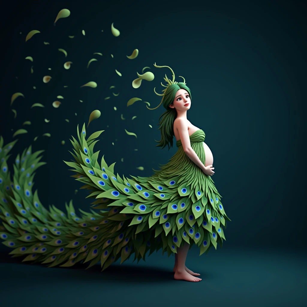 Make a realistic peacock with humanoid features of a pregnant woman, full body shot dress should be look like make peacock feather . hig hress image . green background peackock freather in background