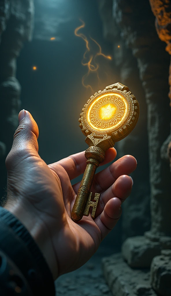 [A hand finding an ancient key in a hidden location, with glow and mystery effects]