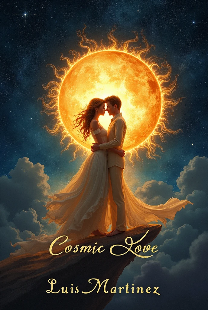Cover of a book with a starry sky in the background and the moon and the sun kissing, with the title in Spanish "Cosmic Love" and the author Luis Martinez at the bottom of the page