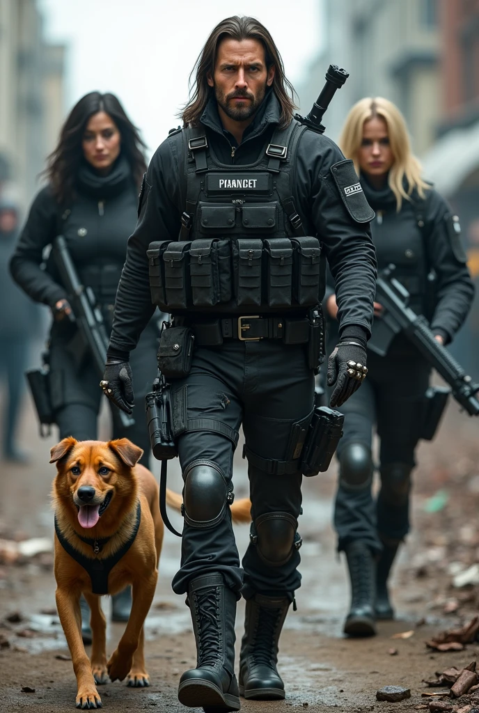 1 Man and 2 women, one with short black and brunette hair and the other with long blonde hair, All three dressed in black tactical clothing, the man with long guns, pistols on the waist on the legs and in the vest and the assassin's creed gloves on the arms women with handguns and pistols on their waists and a dog all black tactically dressed in a zombie apocalypse