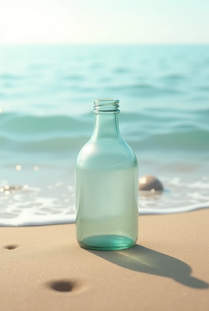 Create a realistic image of a realistic bottle on the sand by the sea