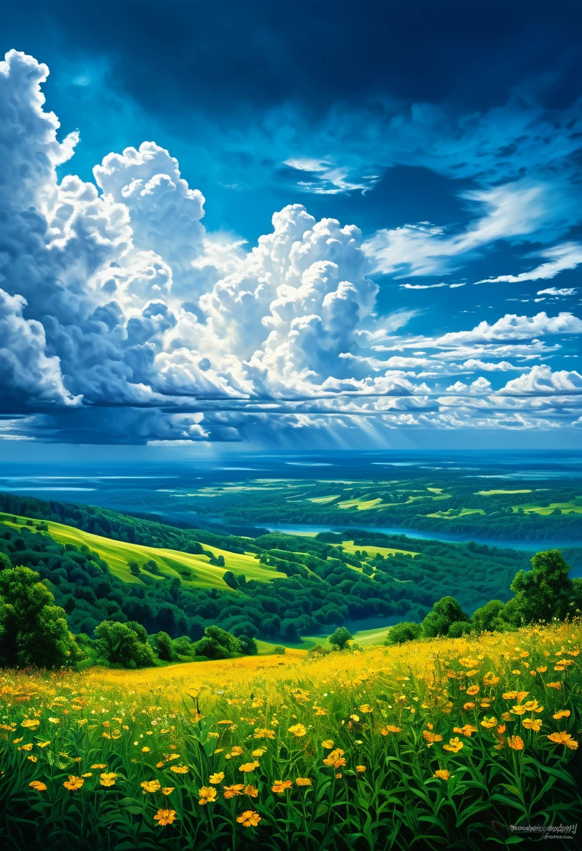 Summer Sky (Painterly Style), realistic, highly realistic, meticulously detailed, breathtakingly realistic, high-contrast realism, high-saturation realism, vibrant colors, dramatic lighting, enchanting landscapes, compelling storytelling, atmospheric scenes, mesmerizing visuals, intricate details, powerful emotions, ethereal beauty, dreamlike worlds