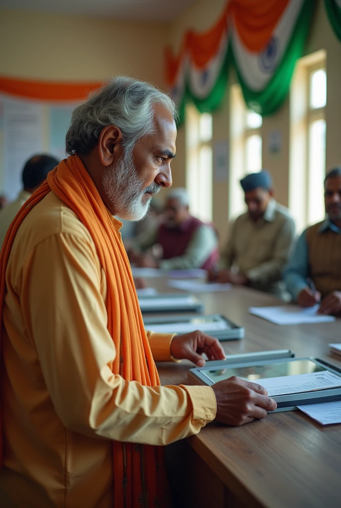 Election day image where an indian man is casting vote through EVM machine