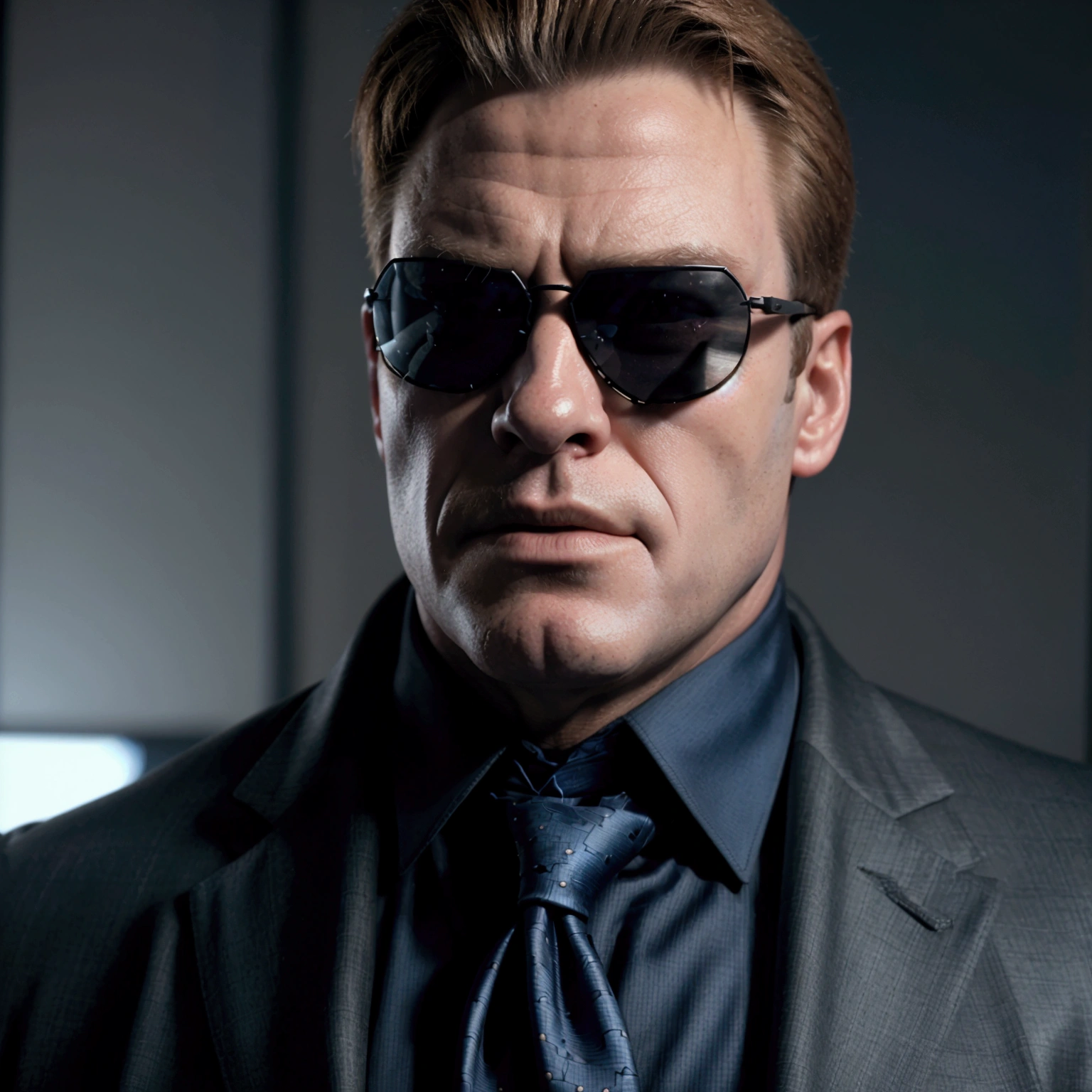 a highly detailed portrait of duke nukem, duke nukem wearing black sunglasses, duke nukem in a stylish blue suit with a necktie, extremely detailed face and eyes, realistic, photorealistic, ultra-detailed, sharp focus, vivid colors, professional lighting, cinematic, action hero, science fiction, video game character