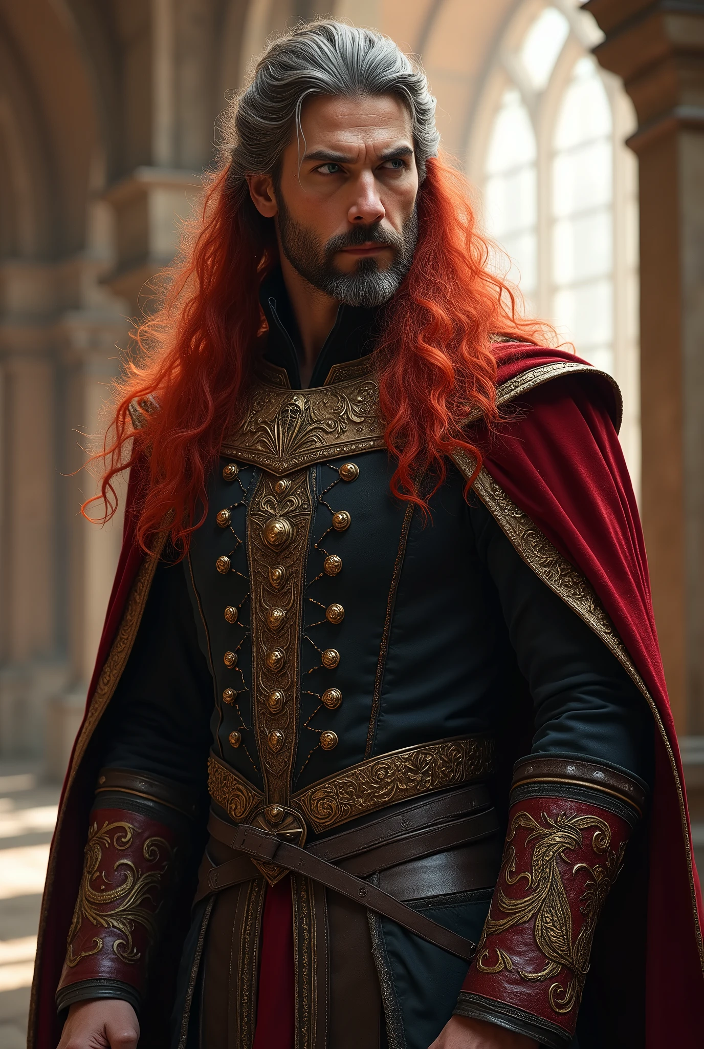 fantasy, man, with long scarlet hair with gray at the temples, beard, royal uniform, blue eyes, with dragon scales on his face, strong build, seductive, bright halls of the castle, north, hd