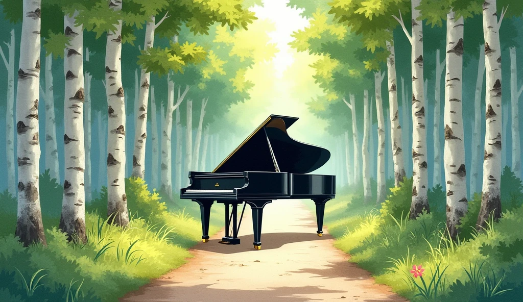 A black grand piano placed on a forest path lined with tall birch trees. The scene is depicted in a realistic watercolor style, creating a sense of freshness. The birch trees, with their white bark and green leaves, are neatly lined up along the pathway, forming a tranquil and elegant natural corridor. The sunlight filtering through the trees casts gentle shadows on the pathway and the piano. Quiet and harmonious, the piano blends beautifully into its lush surroundings.” In the unpopular forest, a small flower is blooming

Translated with DeepL.com (free version)