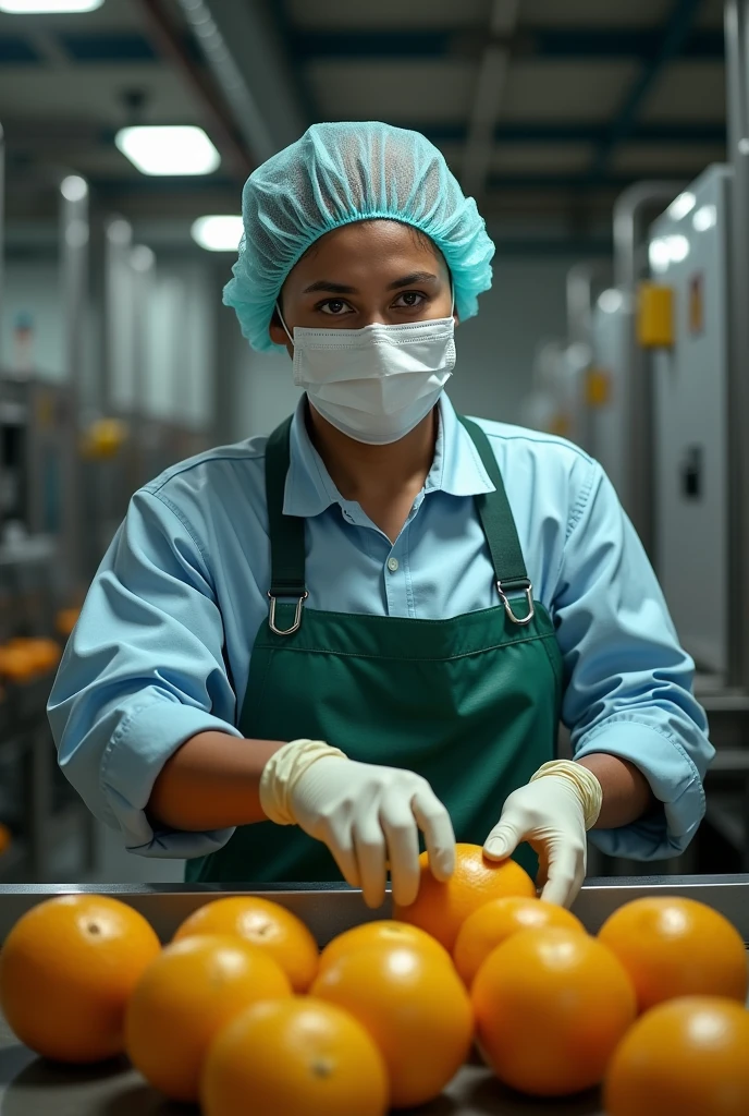 create a collaborator image(a) brazileiro(a) using gloves, mascaras, cap all hair must be covered as well as the ears, apron, in a fruit processing agroindustry