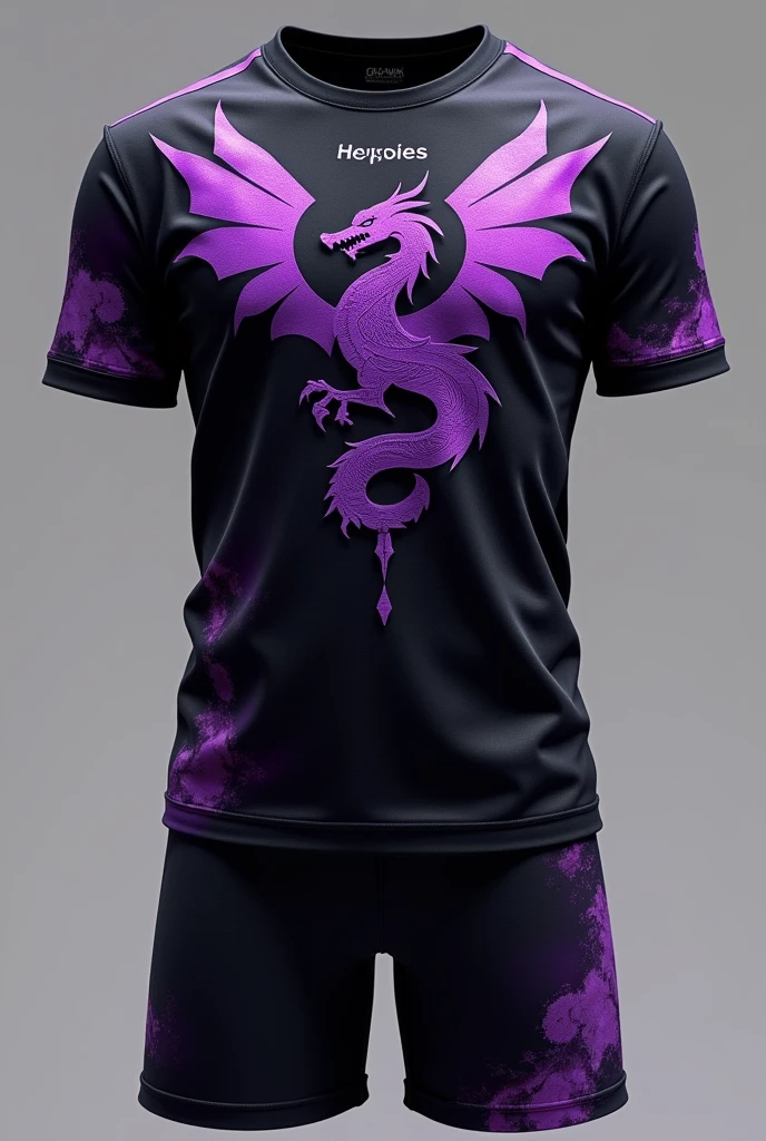 Make a black and purple gaming shirt and shorts with dragon symbol