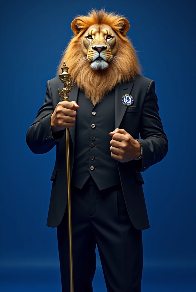 Create an image of a lion in a black suit with the Chelsea football club symbol on the chest in small size . The lion is holding a golden staff. Full blue background. 4k ultra realistic 