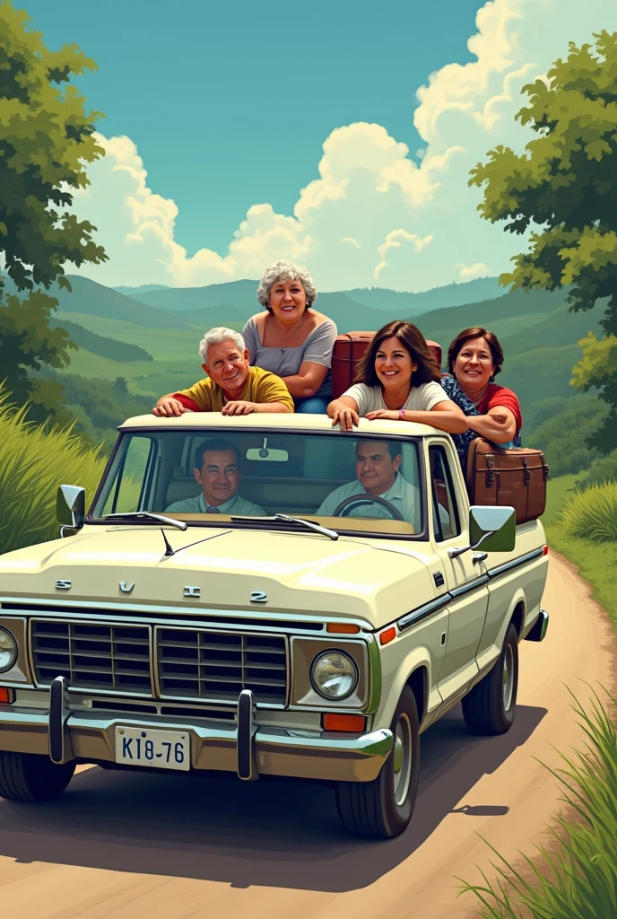 Uma pick-up branca, with a man driving, an old lady in the passenger seat, two fat women behind and loaded with suitcases in the back