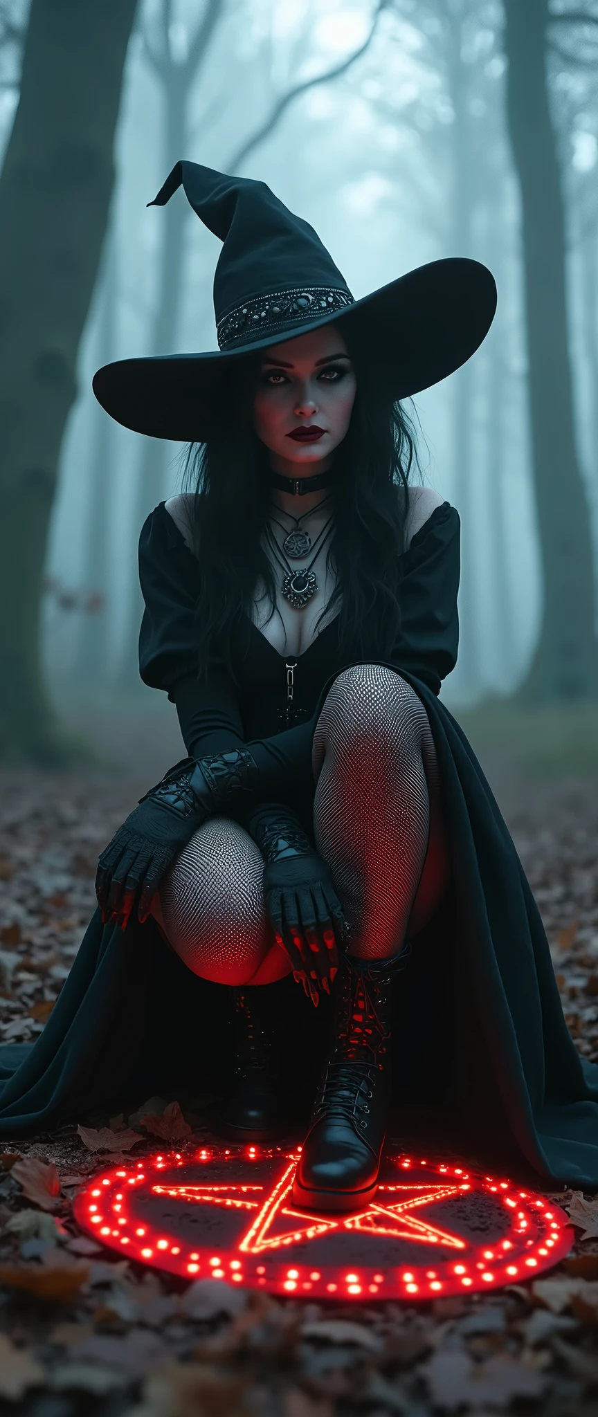 a stylish emo pale witch gothic woman infront of satan wickes smile evil smirk crouched in dark foggy enchanted forest around glowing hex circle magic on ground, witch hat, black velvets, lace, fishnets and leather tinged with scarlet or purple, accessorized with tightly laced corsets, gloves, platform boots and silver jewellery depicting occult themes elegantly quaint in black sludge morbid, fashion and style of dress, typical gothic fashion includes black dyed hair and black clothes wear dark eyeliner, dark nail polish and lipstick, and dramatic makeup (best quality,4k,8k,highres,masterpiece:1.2),ultra-detailed,(realistic,photorealistic,photo-realistic:1.37),HDR,UHD,studio lighting,ultra-fine painting,sharp focus,physically-based rendering,extreme detail description,professional,bokeh,portrait,high fashion,elegant,glamorous,cinematic,dramatic lighting,moody,mysterious,sensual,sophisticated