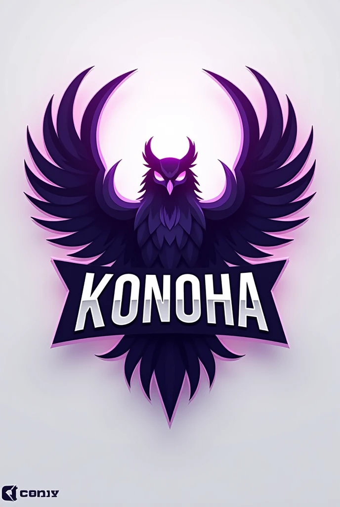 Create an esports logo with the name KONOHA on the body and a purple owl silhouette with its wing spread