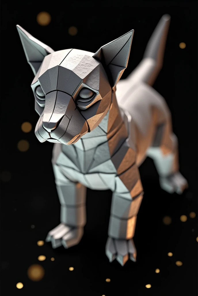 An exquisite origami puppy, Hammered Metal Style, Cinematic Light, Golden particles, Shallow depth of field, Dark Theme, Black background