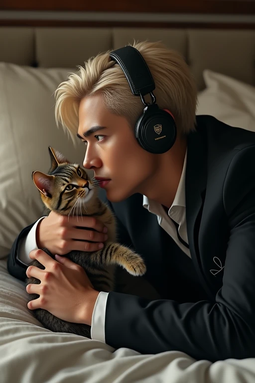 Masterpiese, best quality, man, Handsome, 1,Blonde,center-parted hairstyle popular in Japan and korea , tattoo, Double eyelids,looking away , Headphones, lying on a bed with a natural curve in the body , viewed from the side , holding a cat , kissing the cat, a man in a black suit