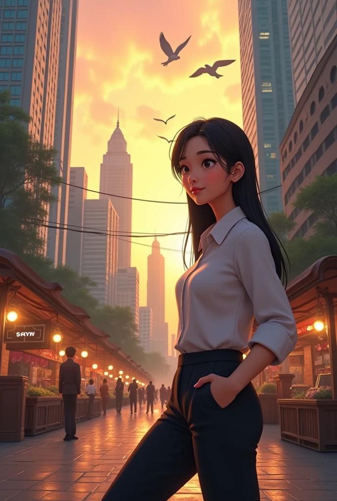 (photorealism:1.2), Type of Shot: Establishing Shot. Background: A bustling Jakarta skyline at dawn with modern skyscrapers and traditional elements like a nearby market, blending reality with slight animated touches. Character: Maya Putri, a 2 woman with a heart-shaped face, long straight black hair, and a poised demeanor. She is dressed in a smart casual outfit: a white blouse tucked into high-waisted black trousers.