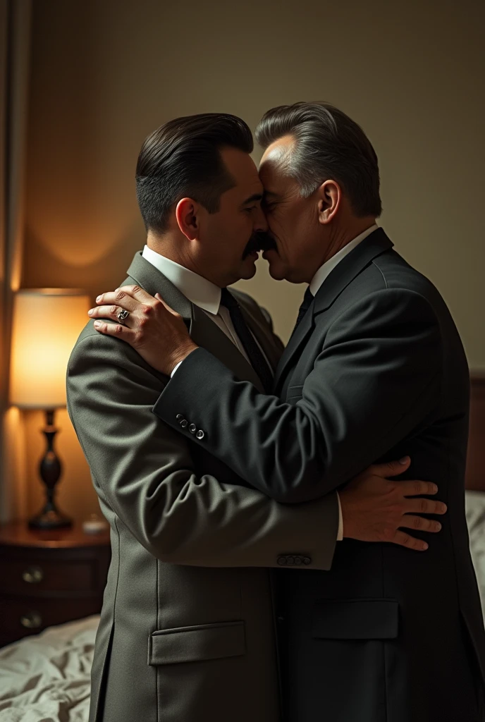(photorealism:1.2), Stalin and Trotskiy sitting in the bedroom, kissing each other